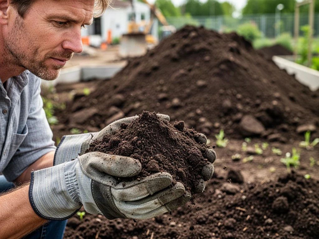 Mężczyzna w rękawicach roboczych trzyma w dłoniach garść ciemnej ziemi na tle hałdy gruntu.