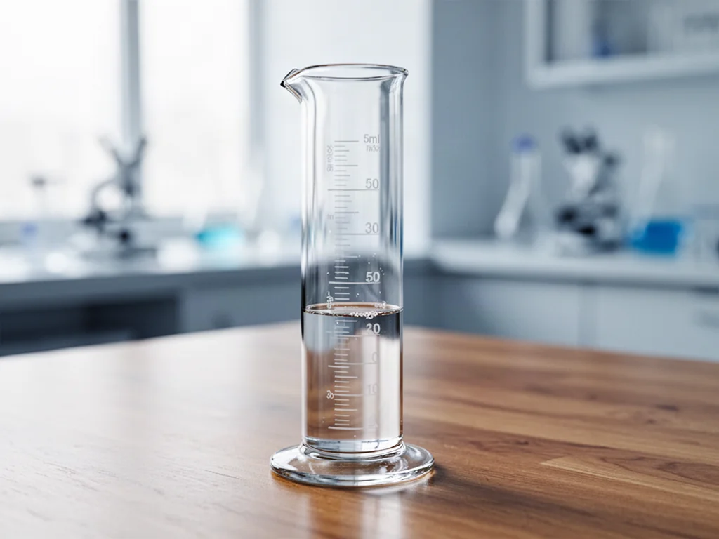 Szklany cylinder pomiarowy z cieczą odmierzoną dokładnie do poziomu 50 ml na drewnianym stole.