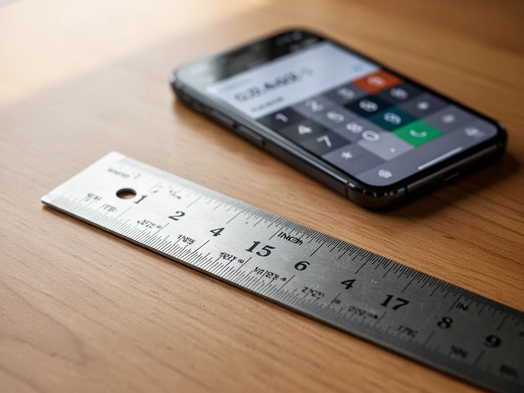 Metalowa linijka z wyraźnym oznaczeniem 12 cali na drewnianym biurku, obok smartfon z kalkulatorem przeliczającym jednostki.