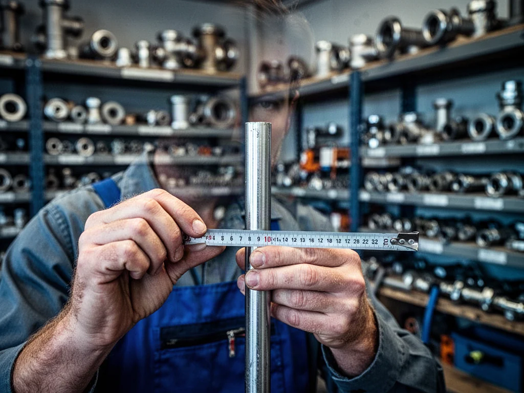 Hydraulik precyzyjnie mierzy metalową rurę w profesjonalnym warsztacie, co ilustruje proces doboru średnic instalacji.