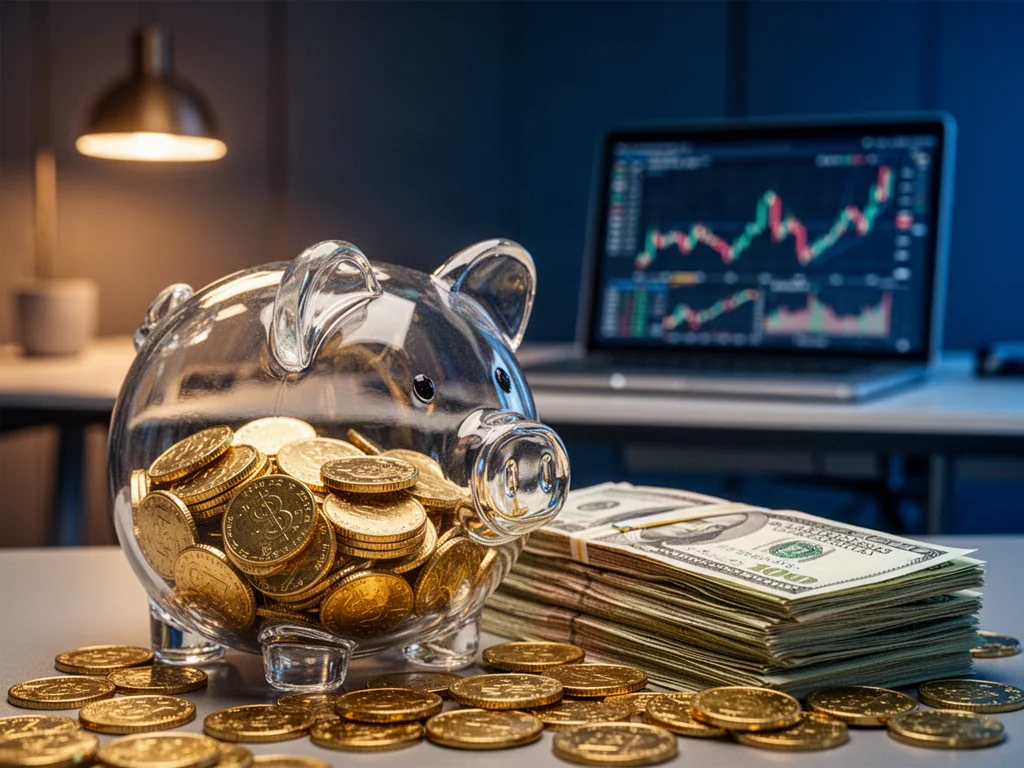 Szklana świnka skarbonka wypełniona złotymi monetami i banknotami na tle biurka z wykresami finansowymi.