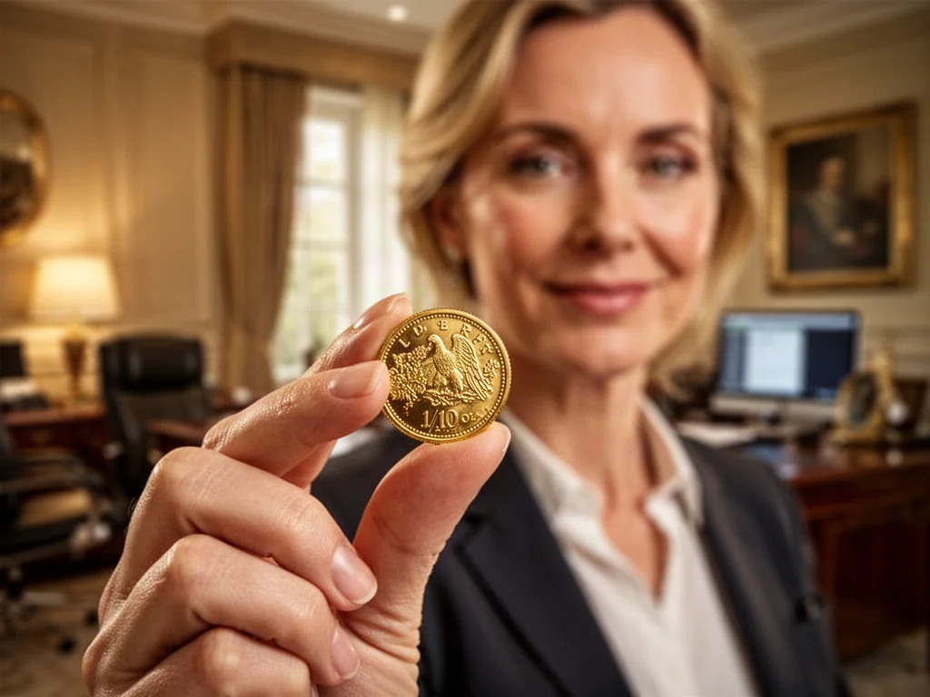 Złota moneta o wadze 1/10 uncji trzymana w dłoni, ukazująca detale kruszcu w ciepłym, profesjonalnym oświetleniu.